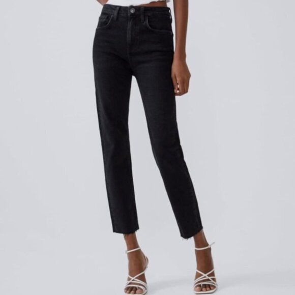 Zara High  Rise Slim Straight Raw Hem Jeans - Picture 1 of 13
